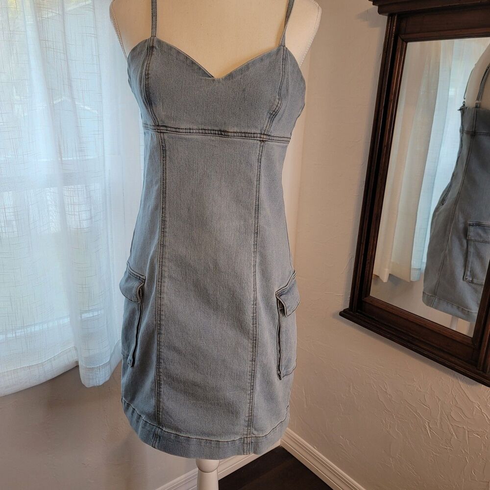 Tinseltown Y2K Denim Mini Dress Cargo Pockets Adjustable Straps Stretch Blue S M